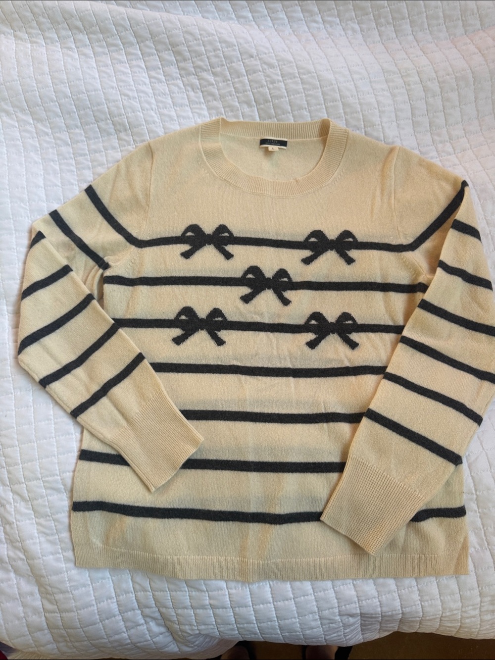 J crew cashmere Women’s Cream Striped Sweater with Bow Detail